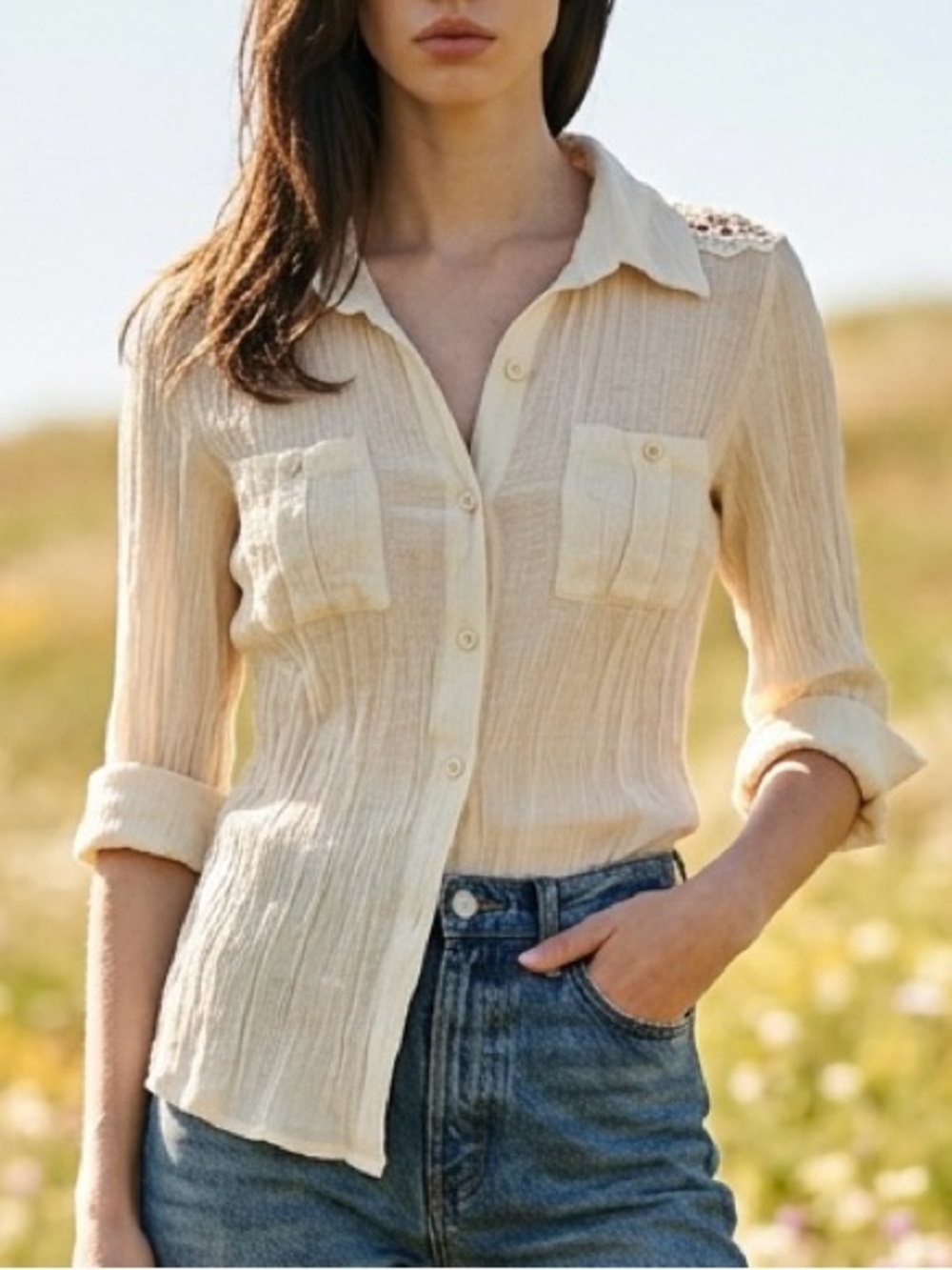Lavish - Cream Crinkle Textured Button-Down Shirt with Crochet Shoulder